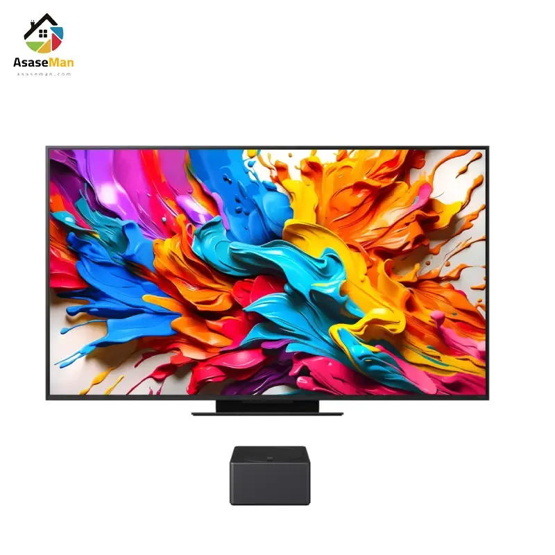 نمای کلی با پایه به همراه ZERO BOX تلویزیون ال جی QNED9M مونتاژ لهستان