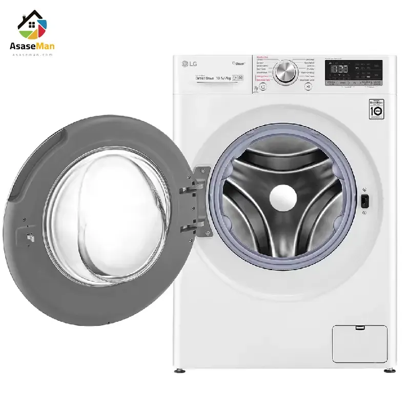نمای کلی با درب باز ماشین لباسشویی ال جی 10.5/7 کیلو گرم مدل F4V5 سفید