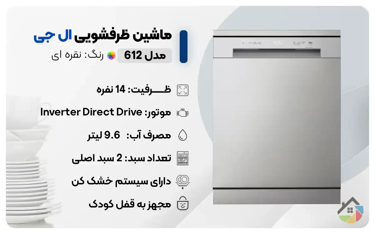 اینفوگرافیک ماشین ظرفشویی ال جی 612 ظرفیت 14 نفره